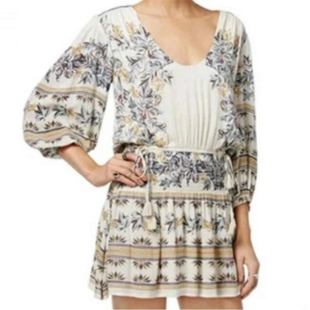 Free People Women Dress Size XS‎ Extra Small Ivory Tan Floral Long Sleeve Tassel